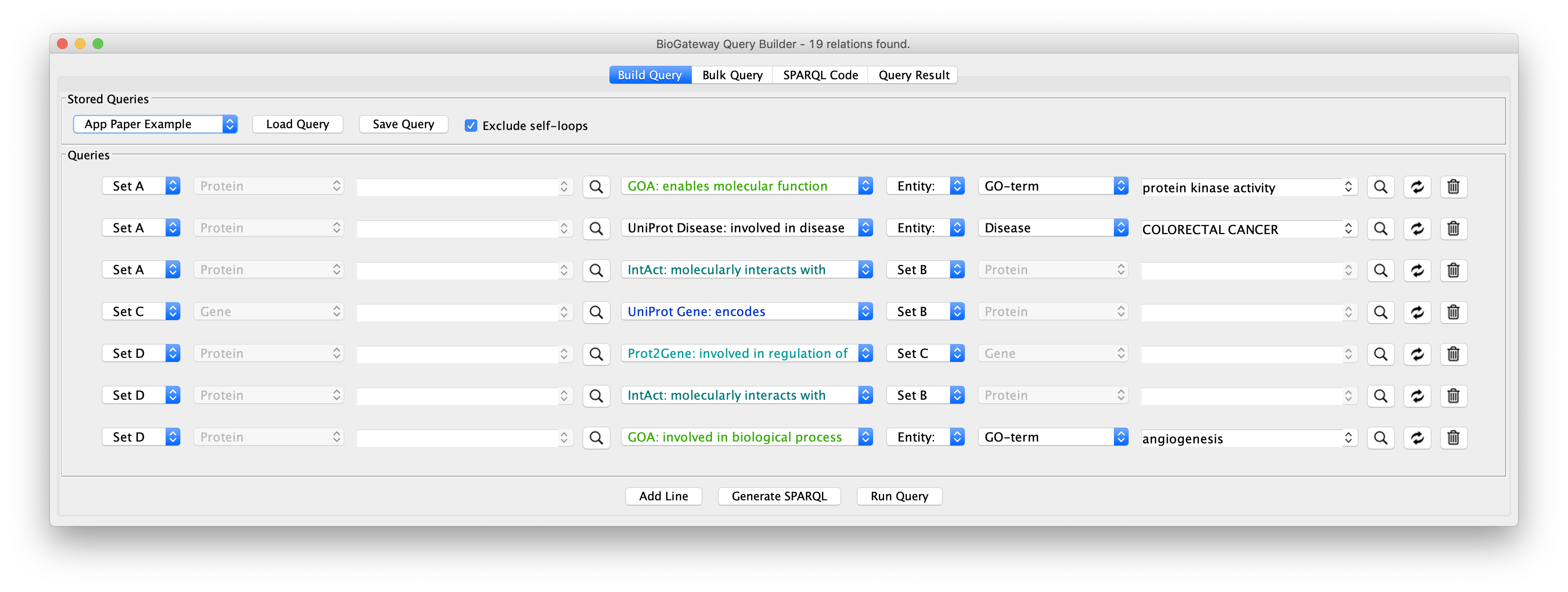 The query builder after adding the individual query lines described above.