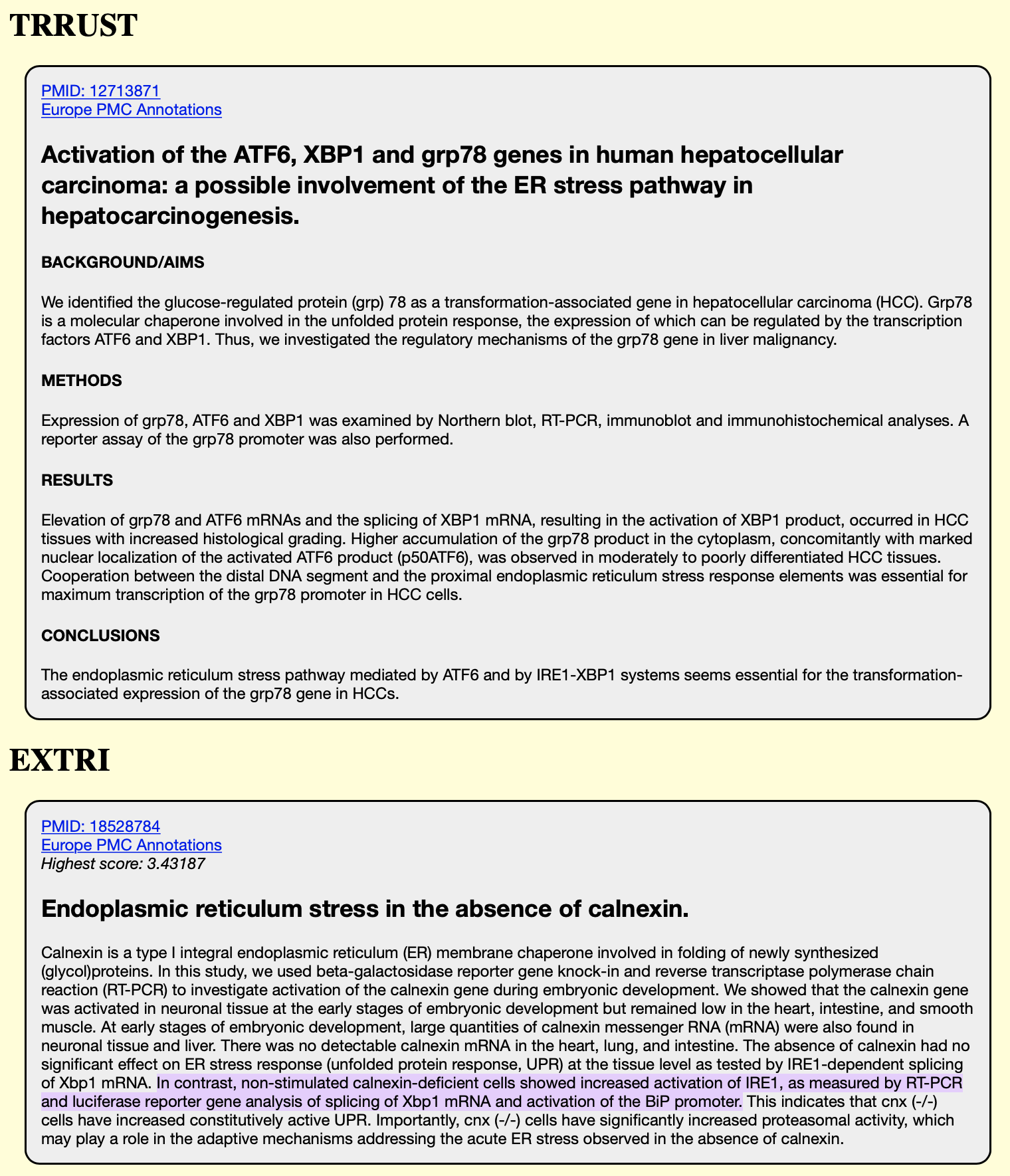 Landing Page for TF-TG relationships A screenshot of the website displaying more information about the transcription factor regulation. The sentence found by the text mining algorithm is highlighted in purple. Links to the Pubmed Abstract and Europe PMC abstract (including SciLite annotation tool) are provided in the top left corners above the abstract information.