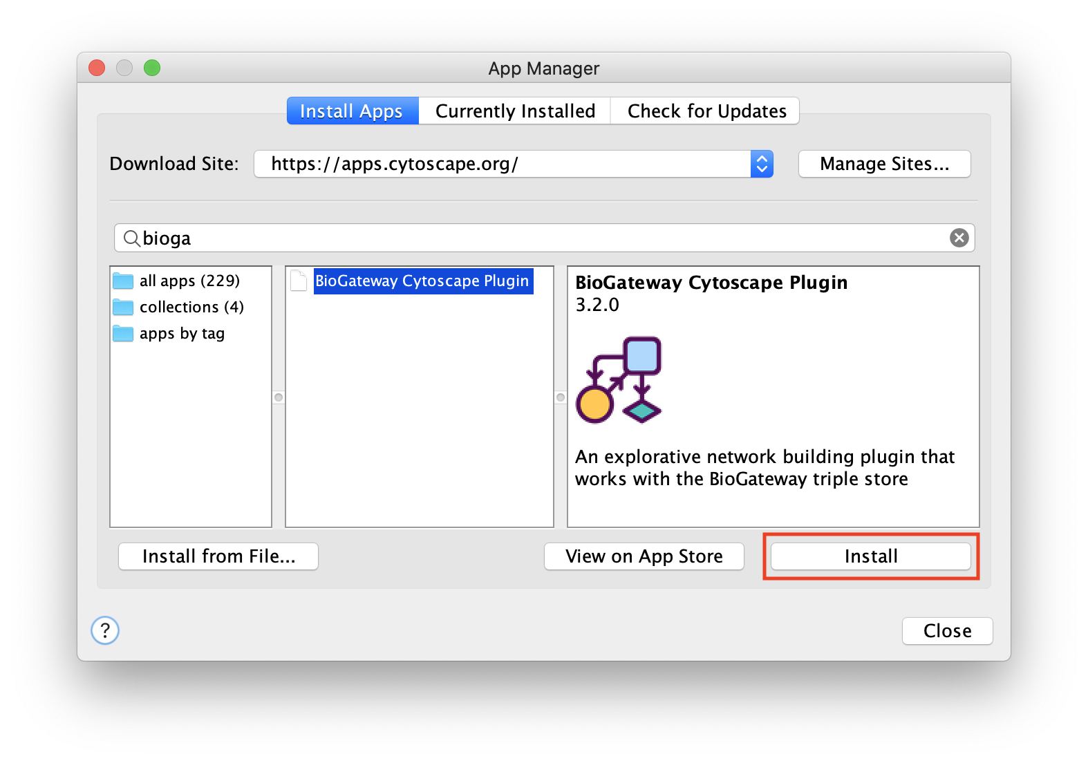 To install the App, use the App Manager in Cytoscape, search for "BioGateway", and click "Install".