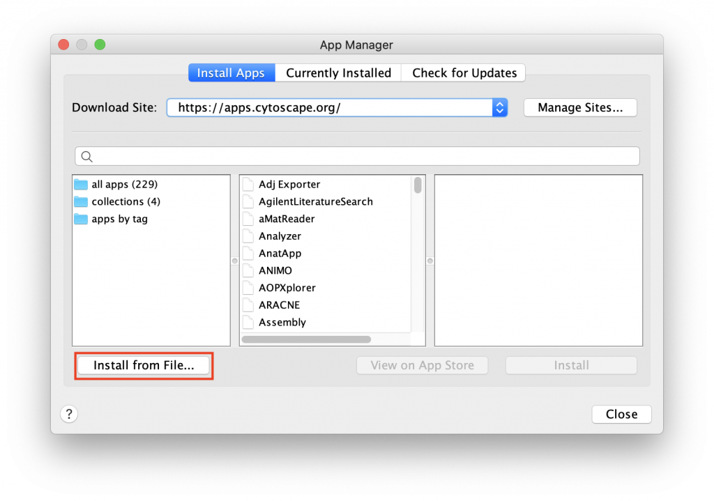 To install the App, use the App Manager in Cytoscape, click "Install from File...", and select the downloaded file.